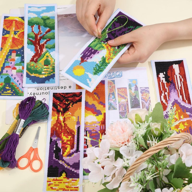 ORIGACH 6 Pcs Cross Stitch Bookmark Kit for Beginner Landscape Castle Stamped Embroidery Stitch Kits for Starter DIY Bookmarks Printed Cross Stitch Kits with 19 Colors Embroidery Floss - Image 3